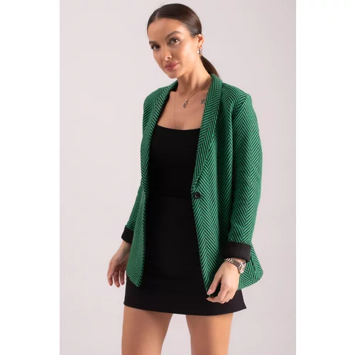 armonika Women's Green Herringbone Pattern Fold Sleeve Single Button Cachet Jacket
