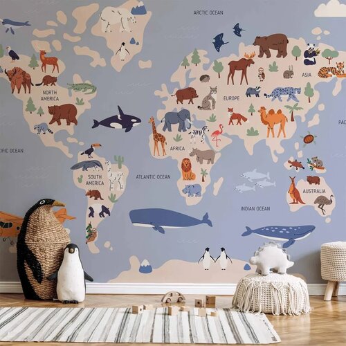  Foto tapeta - World Map With Animal Illustrations 196x140 Samoljepljiva Cene