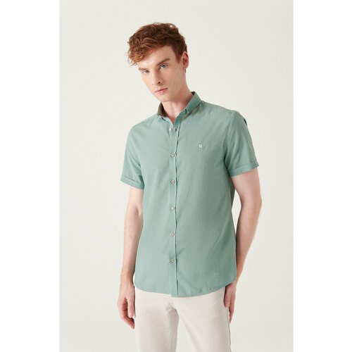 Avva Men's Green Buttoned Collar 100% Cotton Thin Short Sleeve Standard Fit Regular Fit Shirt Slike