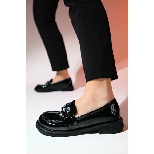 LuviShoes NORMAN Black Patent Leather Stone Buckle Women's Loafer Shoes Cene