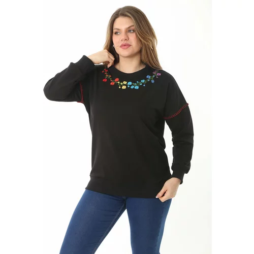 Şans Women's Plus Size Black Collar And Sleeves Embroidery Detail Sweatshirt