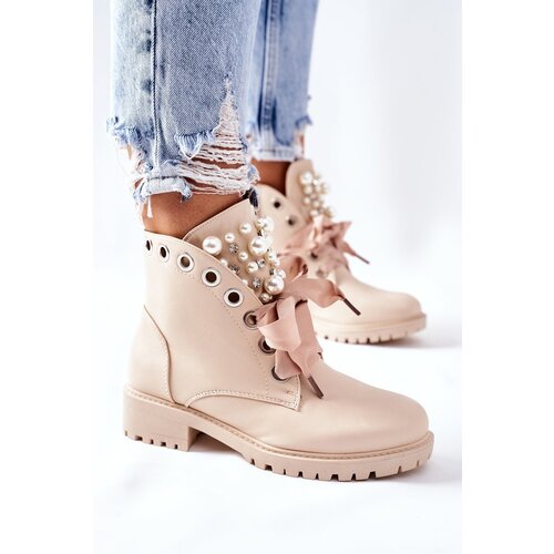 Kesi Beige shoes with pearls, rhinestones and Nudago ribbon Slike
