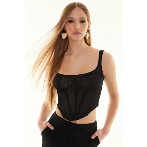 Trendyol Black Fitted Knitted Corset Detailed Tulle Bustier