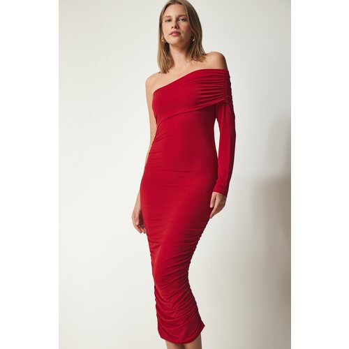 Happiness İstanbul Women's Red One-Shoulder Pleated Sandy Dress Cene