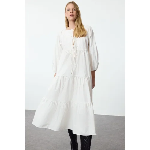 Trendyol White Relaxed Fit Bow Midi Woven Dress