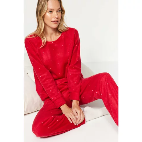Trendyol Red Polka Dot Velvet Tshirt-Pants and Knitted Pajamas Set