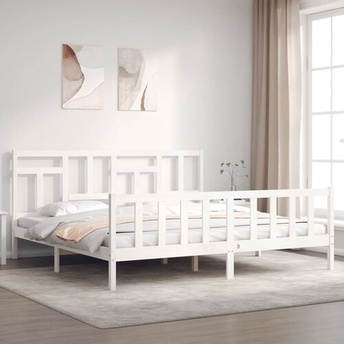 vidaXL Posteljni okvir z vzglavjem bel 200x200 cm trden les Cene