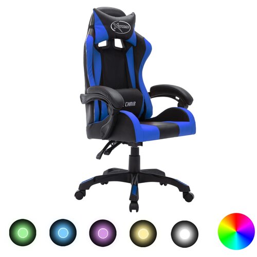 VidaXL racing stol z rgb led lučkami modro in črno umetno usnje Slike