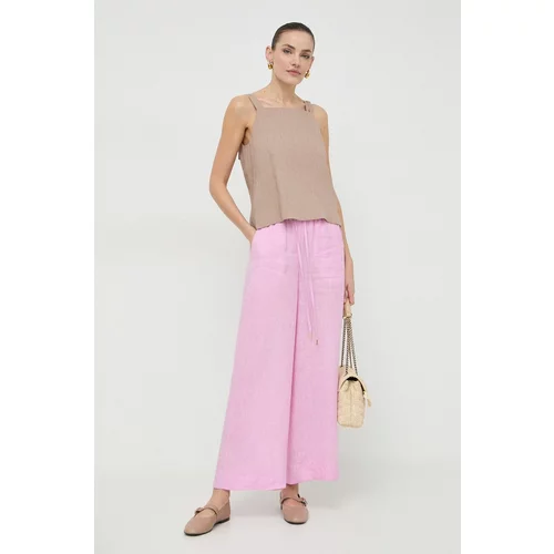 Marella Lanene hlače boja: ružičasta, široke, visoki struk
