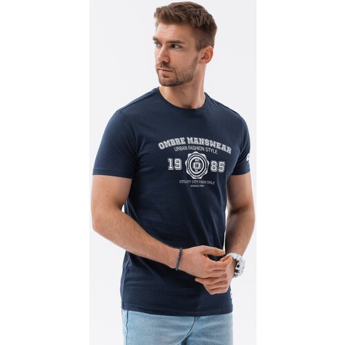 Ombre Majice s kratkimi rokavi T-shirt męski bawełniany z nadrukiem - granatowy V3 S1748 pisana Slike