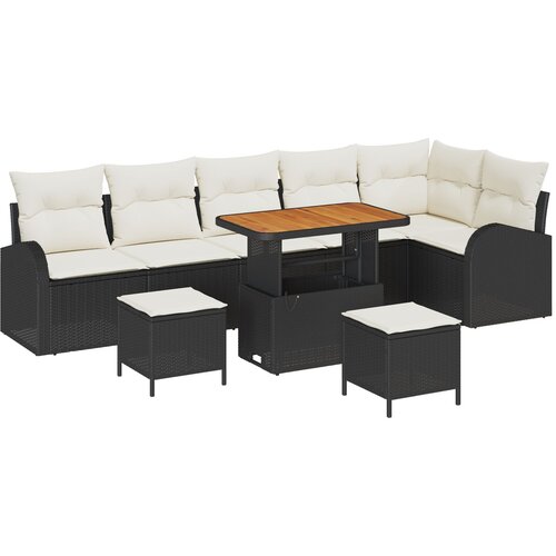 VidaXL set vrtnih sofa od 9 dijelova s jastučićima crni poli ratan akacija, dvosedna vrtna sofa s pohranom i jastučićima crni poli ratan, set vrtne blagovaonice od 3 dijela s jastučićima crni poli ratan akacija Slike