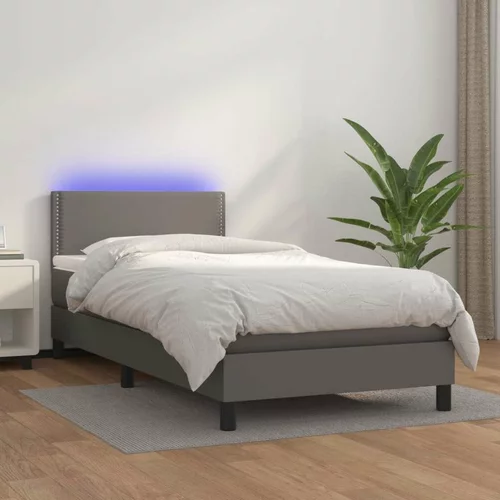  Box spring postelja z vzmetnico LED siva 90x200 cm umetno usnje, (20723504)