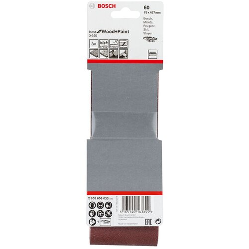 Bosch 3-delni set brusnih traka X440 75 x 457 mm, granulacija 60 - pakovanje od 3 komada (2608606033) Slike