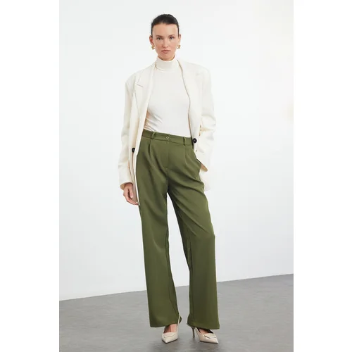 Trendyol Dark Khaki High Waist Wide Leg/Wide Leg Pleated Woven Trousers