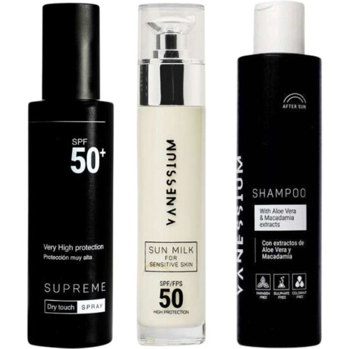 Vanessium Set Sprej za sunčanje - lice i telo 100ml, Mleko za sunčanje za osetljivu kožu 50ml, &amp;Scaron;ampon za posle sunčanja 200ml Slike