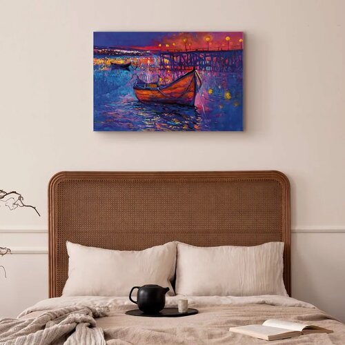  Slika - Modern impressionism - night landscape of a lake with a floating boat 120x80 Akustična Slike