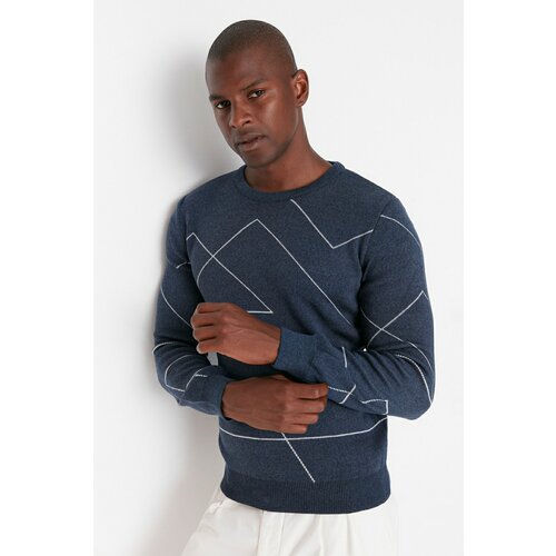 Trendyol Blue Men's Slim Fit Crew Neck Line Patterned Knitwear Sweater Cene