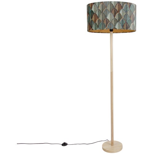 QAZQA Vloerlamp hout met ovale velours kap blad design 50cm - Mels Cene