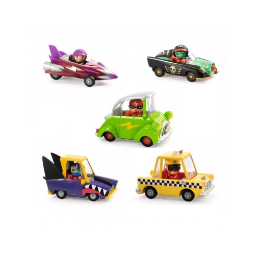 Djeco Kompet Crazy Motors - Taxi Joe & Shark N'Go & Pirate Wheels & Miss Burgundy & Green Flash Cene