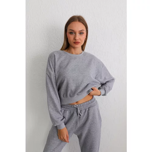 BİKELİFE Women's Gray Oversize Crop Sweatshirt