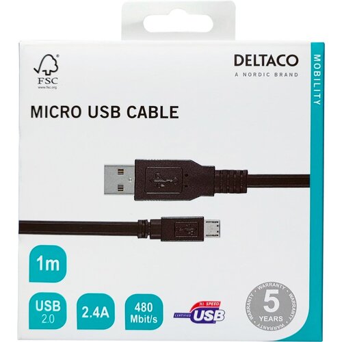 Deltaco Kabel USB-A 2.0 - USB Micro-B, 5-pinski, 1m, ČRNI Slike