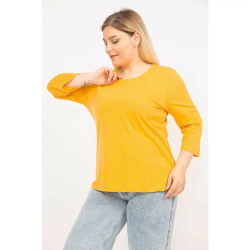 Şans Women's Yellow Plus Size Cotton Fabric Ornamental Back Capri Sleeve Blouse