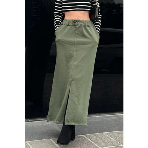 Madmext Women&amp;#039;s Khaki Green Midi Skirt with a Slit Detail Slike