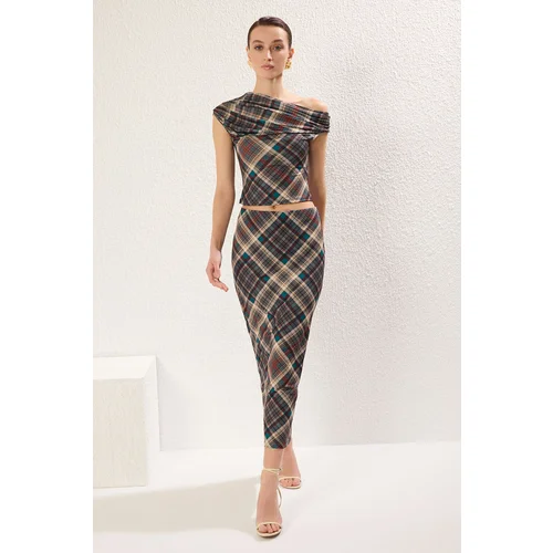 Trendyol Multicolored Plaid With Gathered/Draped Detail Asymmetrical Fitted Knitting Upper-Lower Team