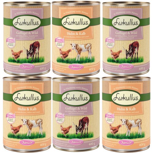 Lukullus 6 x 400 g Naturkost Junior mje&amp;scaron;ovito probno pakiranje - Mje&amp;scaron;ovito pakiranje 2 (2 vrste) Slike