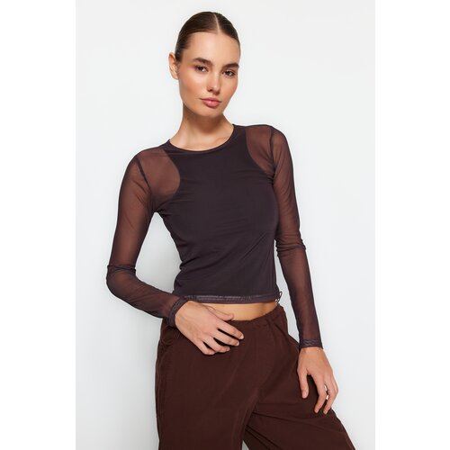 Trendyol Brown Tulle Fitted/Simple Knitted Blouse with Linen Slike
