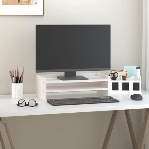  Stalak za monitor bijeli 50 x 24 x 16 cm od masivne borovine Slike