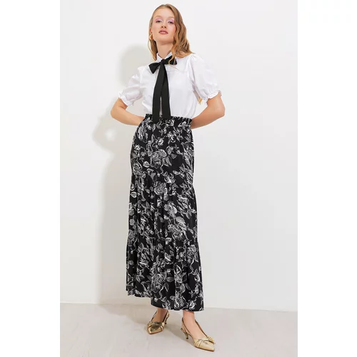 Bigdart Women's Black Patterned Long Viscose Skirt 1898