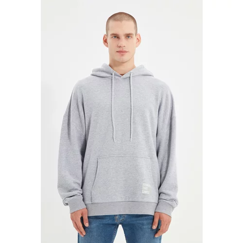 Trendyol Gray Men's Hoodie Oversize Slogan Label Sweatshirt
