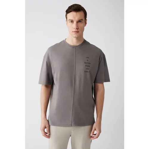 Avva Men's Anthracite Oversize 100% Cotton Crew Neck Slogan Printed T-shirt