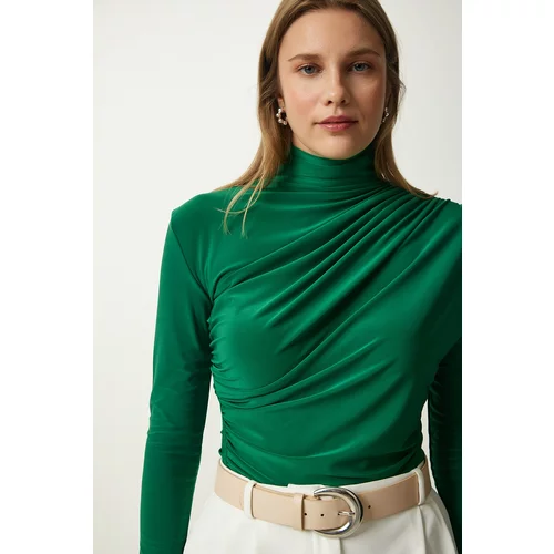 Happiness İstanbul Women's Green Gathered Detailed High Neck Sandy Blouse