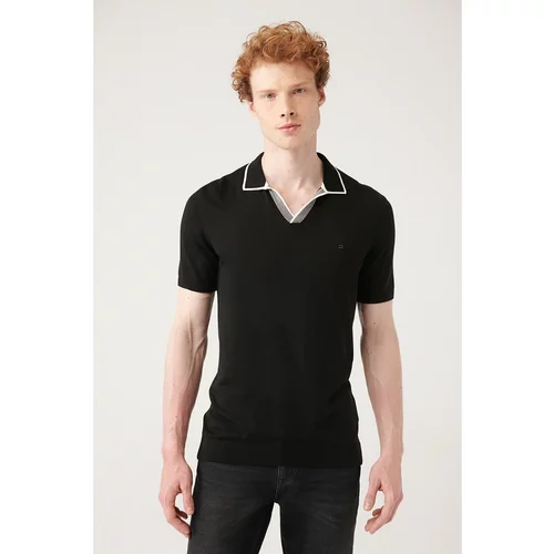 Avva Black Polo Collar without Buttons with Stripe Detail and Ribbed Regular Fit Knitwear T-shirt.