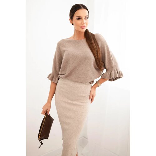 Kesi Włoski Women&amp;#039;s viscose pencil skirt with elastic waistband dark beige Slike