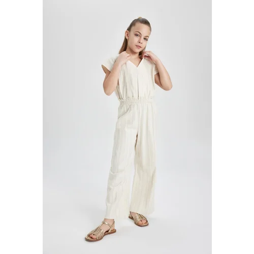 Defacto Girl's V-Neck Short Sleeve Cotton Long Jumpsuit