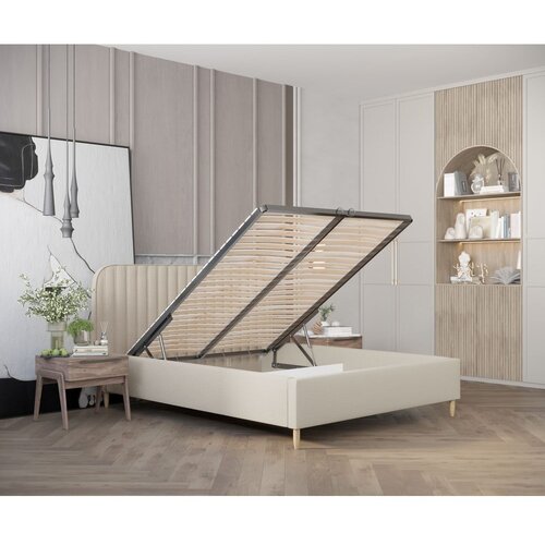 Maison de R&amp;ecirc;ve Bež oblazinjena zakonska postelja s prostorom za shranjevanje z letvenim dnom 160x200 cm Noto &amp;ndash; Slike
