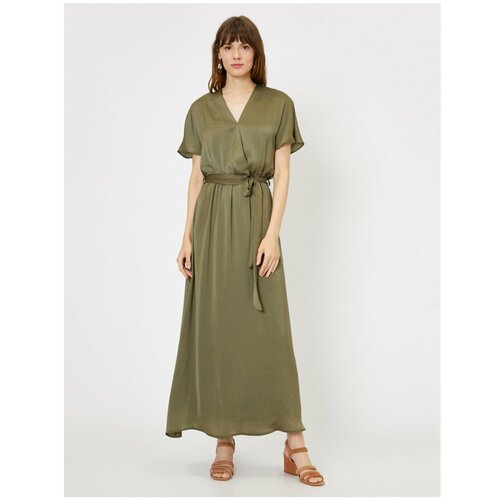 Koton Women's Green V-Neck Short Sleeve Maxi Dress Slike