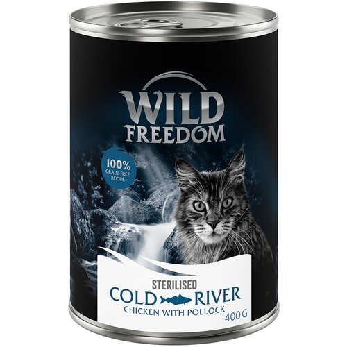 Wild Freedom Adult Sterilised 6 x 400 g - receptura brez žitaric - Cold River Sterilised - pi&amp;scaron;čanec s sajem Slike