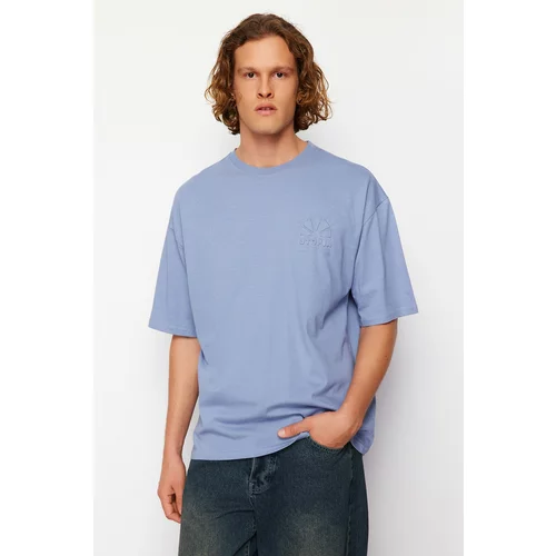 Trendyol Blue Men's Oversize Embossed Printed 100% Cotton T-Shirt