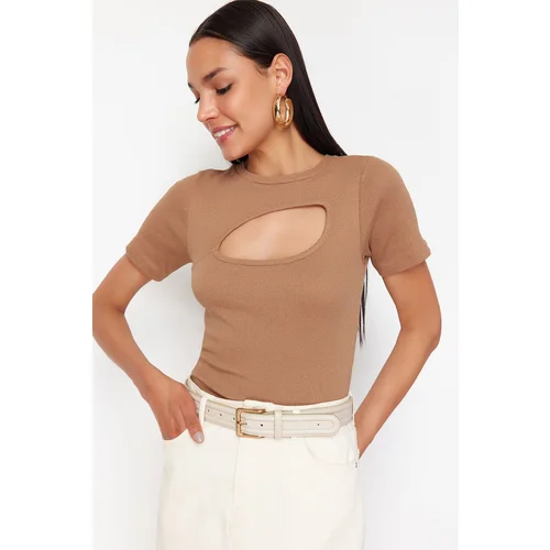 Trendyol Brown Cut Out Detailed Fitted Crew Neck Crop Ribbed Stretchy Knitted Blouse