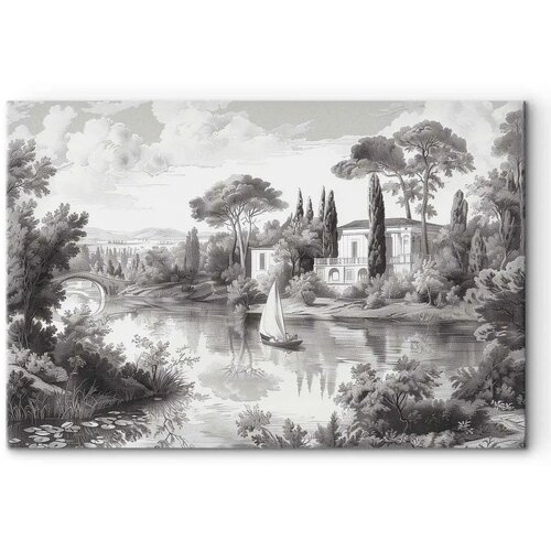  Slika - Black and White Vintage Landscape Retro View of a Pond with a Boat 30x20 Na talijanskom platnu Cene