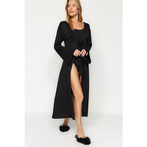 Trendyol Black Lace Detailed Viscose Knitted Dressing Gown Cene