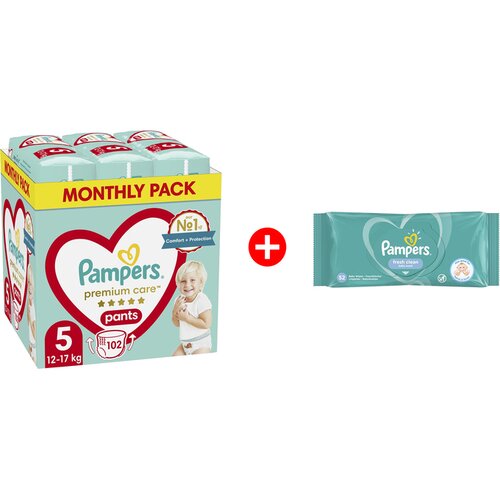 Pampers Pelene Premium Care Pants veličina 5 102kom + Gratis vlažne maramice Fresh 52 Slike