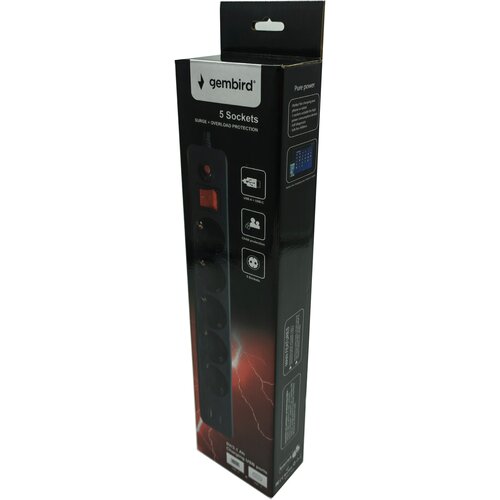 Gembird SPG5-B-10(3G1.5)**produzni kabl sa zastitom i 5 uticnica, 5V/3.1A USB-A+C 16A/3500W 3m Black Slike