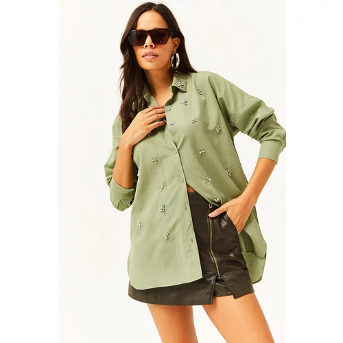 Olalook Women's Mustard Green Six Oval Woven Shirt with Stones on the Collar and Front