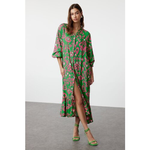 Trendyol Green Ethnic Patterned Wide Cut Viscose Woven Shirt Dress Slike