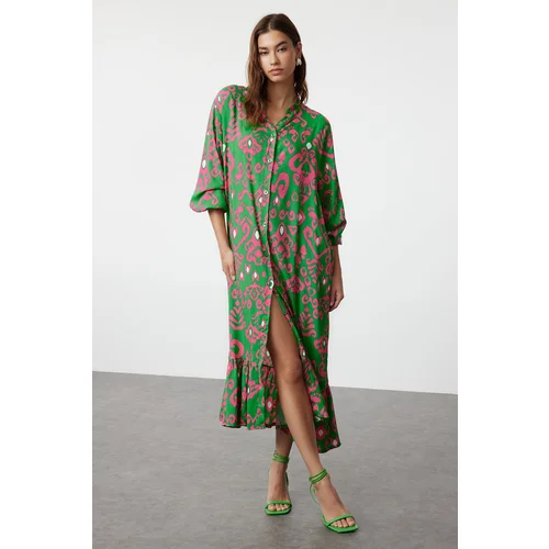 Trendyol Green Ethnic Patterned Wide Cut Viscose Woven Shirt Dress